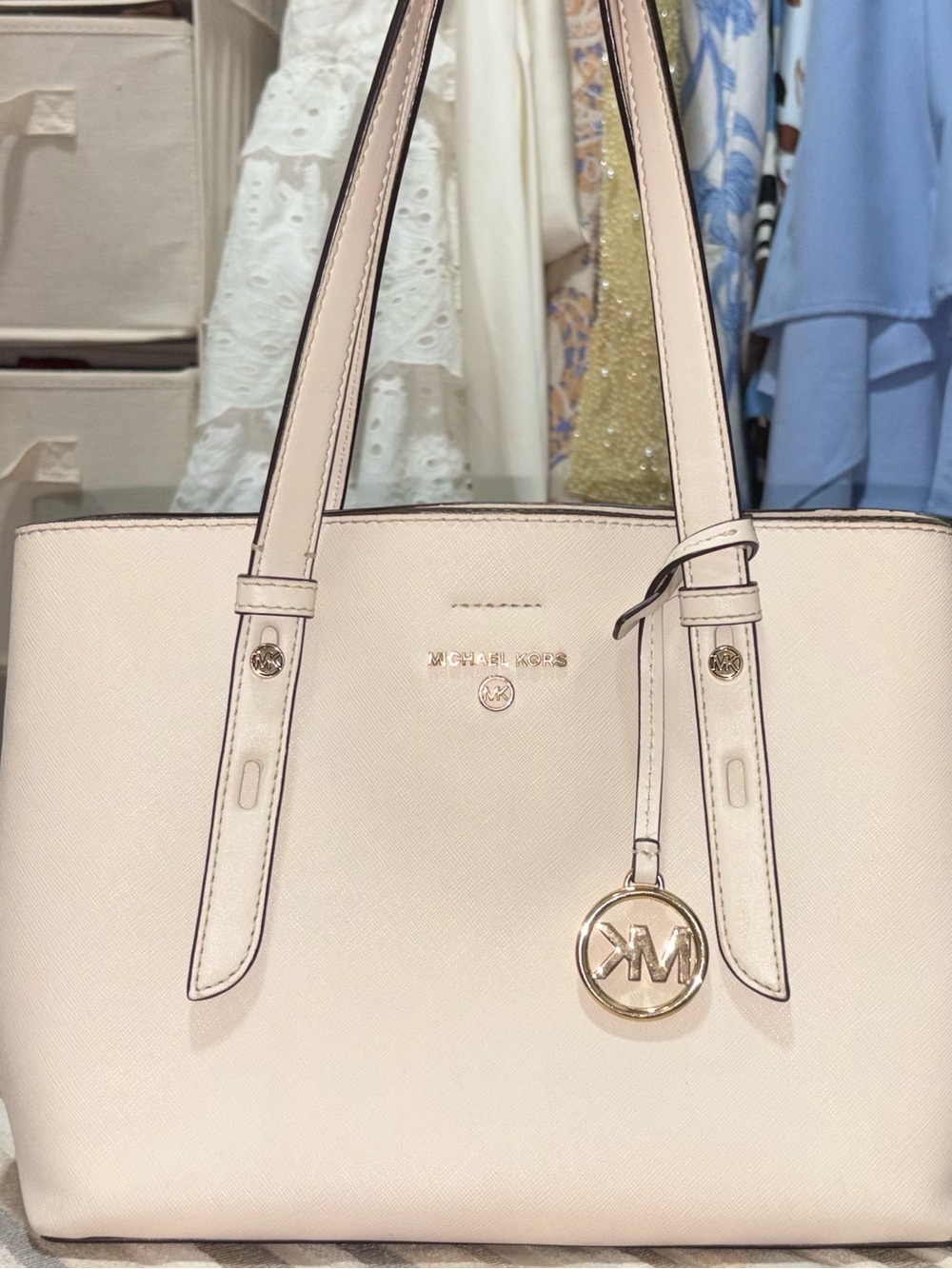 Michael Kors Blush Cream Saffiano Tote with Gold Charm